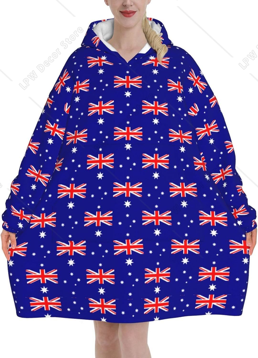 Home Textiles Australia - オーバーサイズフランネルウェアラブルブランケットフーディー 大人用 オーストラリア国旗柄 ソフトでふわふわなフード付きラウンジプルオーバー