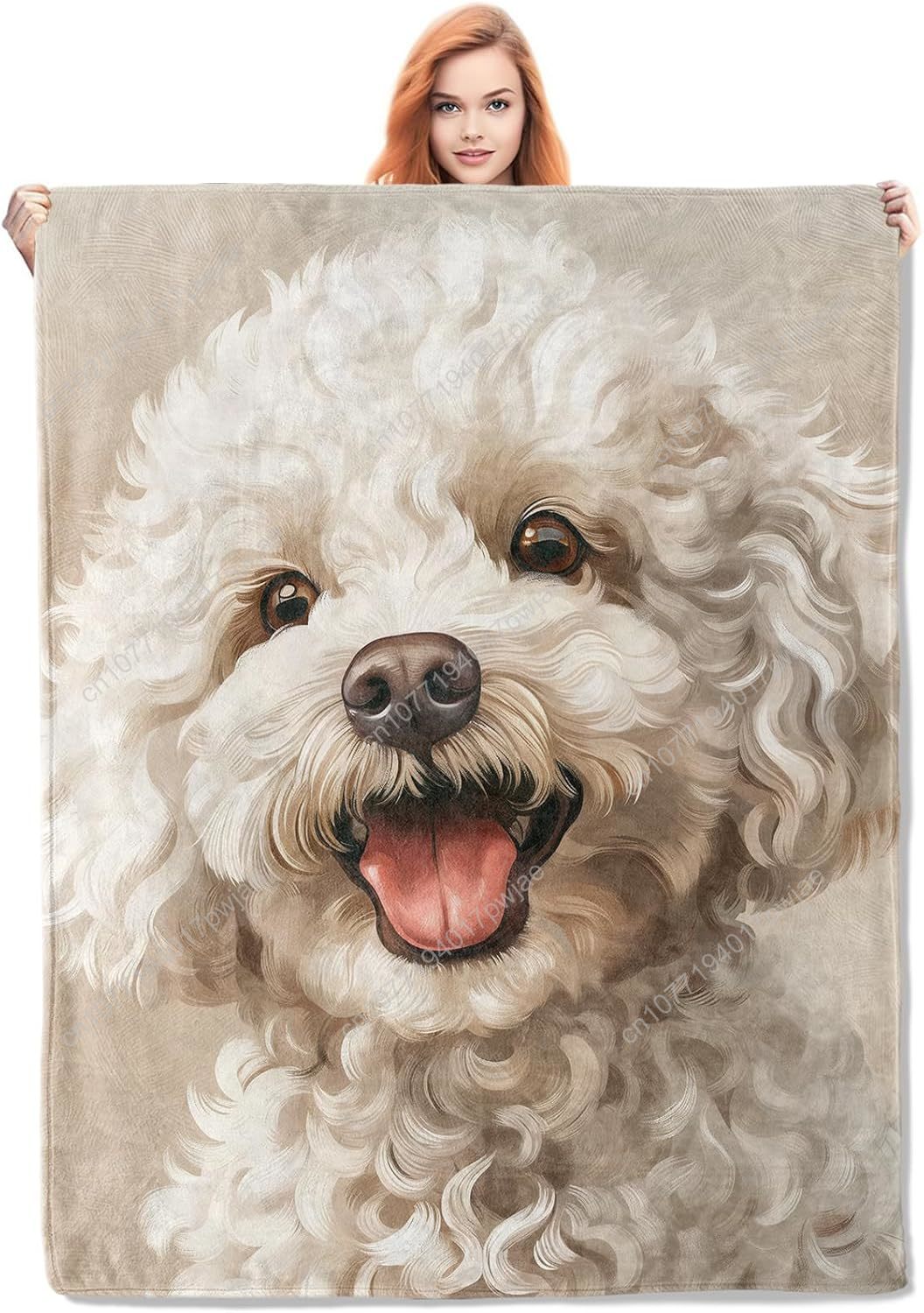 Home Textiles Designer - 楽しいプードルの肖像画ブランケット、リアルな犬のデザイン、柔らかいフリースのスロー、犬好きのためのニュートラルな色合いのカスタムブランケット
