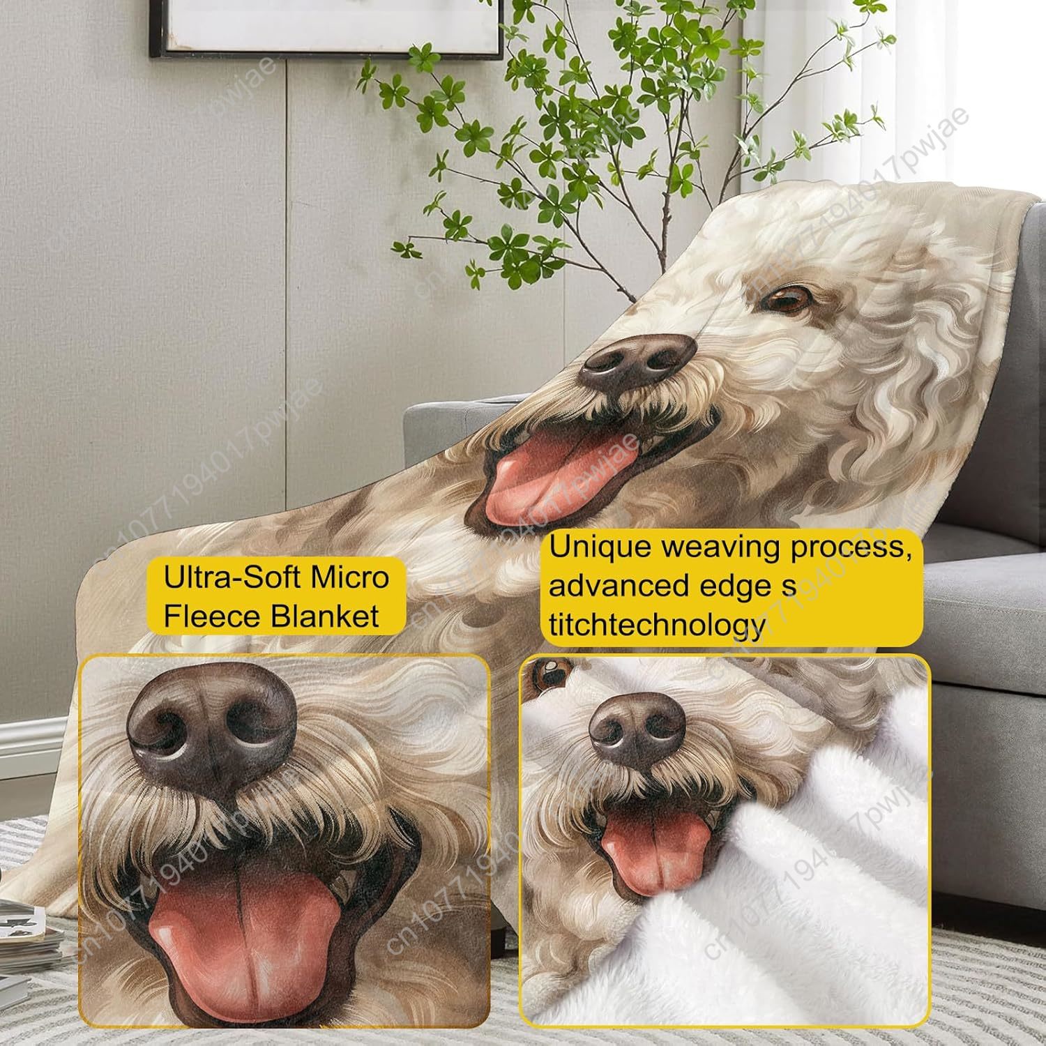 楽しいプードルの肖像画ブランケット、リアルな犬のデザイン、柔 - Home Textiles Designer のレビューと価格