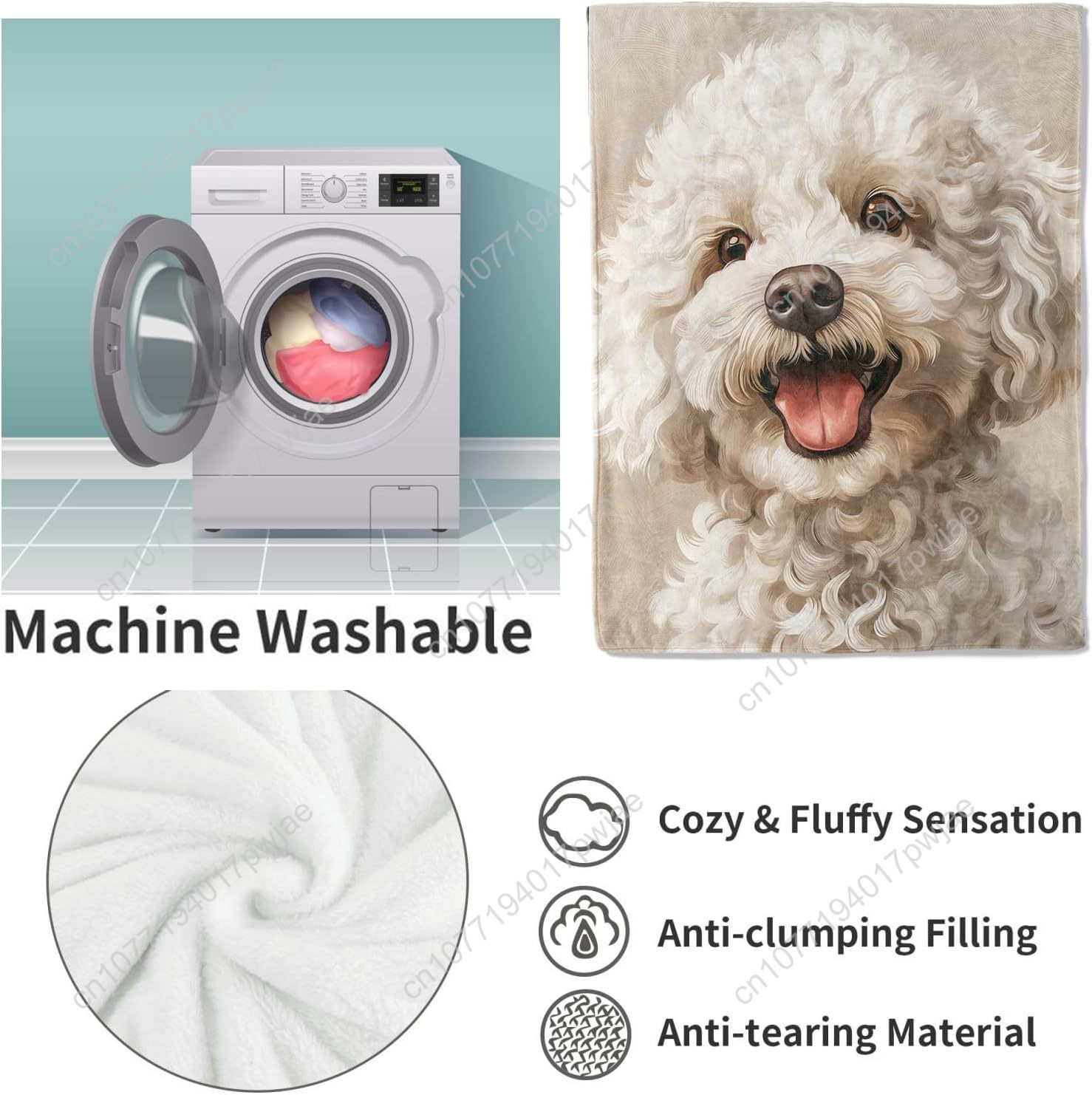 楽しいプードルの肖像画ブランケット、リアルな犬のデザイン、柔 - Home Textiles Designer のレビューと価格